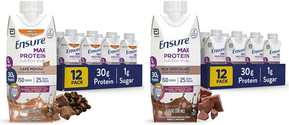 Ensure Max Protein Nutritional Shake with 30g Protein, 25 Vitamins & Minerals, 7 Flavors including Cafe Mocha and Milk Chocolate, Pack of 12, Gluten Free