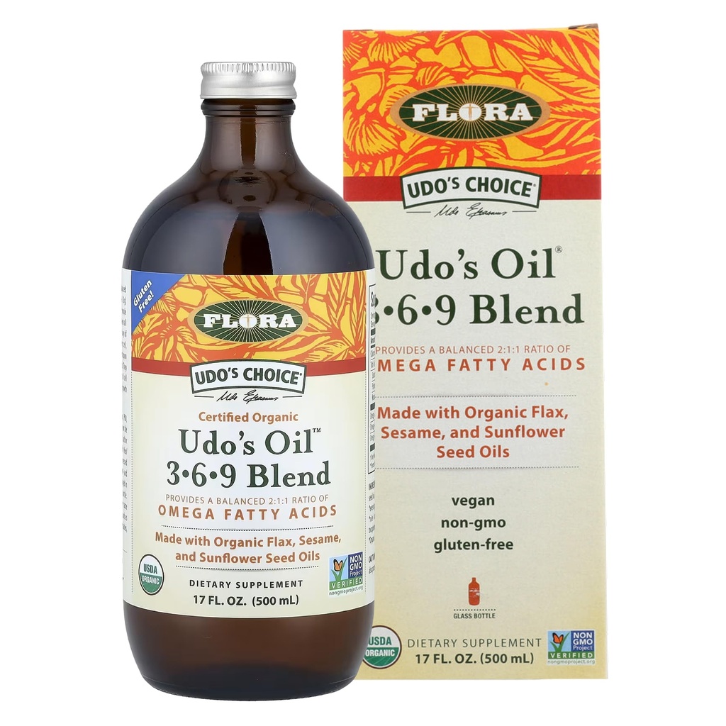 Έλαιο Φλώρας Udo 3-6-9 Blend - Vegan Omega-3 & Omega-6 Oil - Περιέχει βιολογικό έλαιο καρύδας, έλαιο λιναριού & περισσότερα - Κρατήστε chilled - 17 fl. oz.