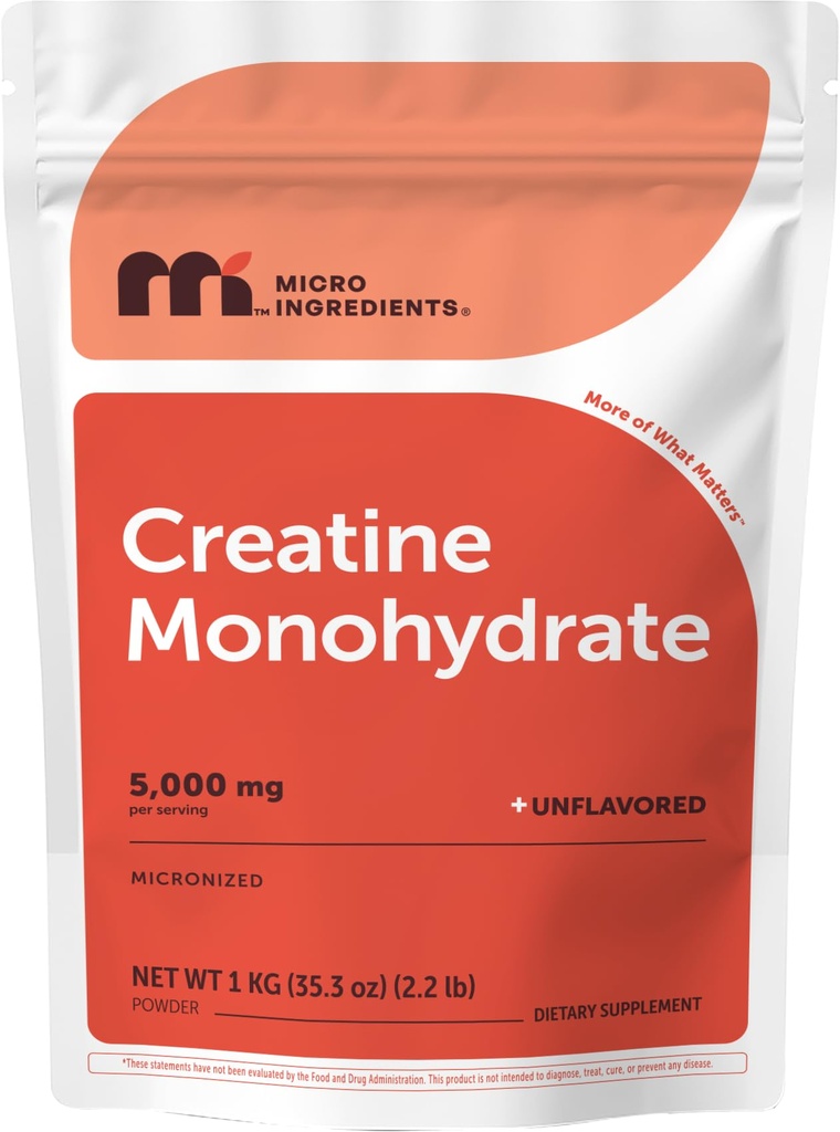 Micro Ingredients Creatine Monohydrate Powder 1 kg (2,2 Lbs), 5000mg ανά Serv, Micronized Creatine Powder, Unflavored, No Filler, Keto & Vegan, Easy Dissolve, Pre Workout for Women & Men*