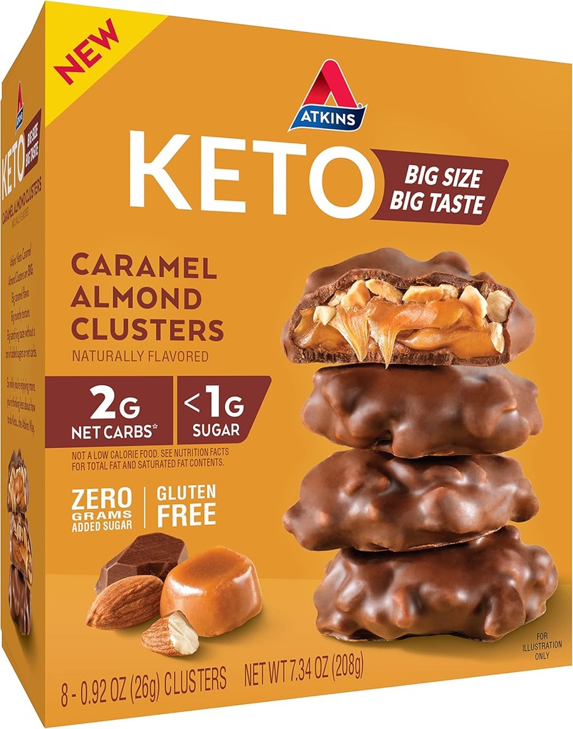 Atkins Caramel Almond Clusters, Gluten Free, High in Fiber, 1g Sugar, 2g Net Carb, Keto Friendly, 8 Count