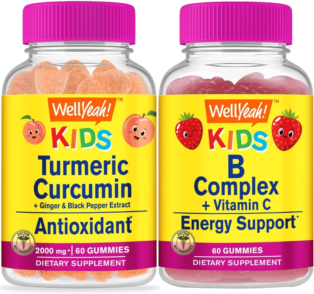 WellYeah Turmeric Curcumin Kids + B Complex Kids, Gummies Bundle - Μεγάλη γεύση, συμπλήρωμα βιταμινών, χωρίς γλουτένη, GMO Δωρεάν, Μασώμενο Gummy