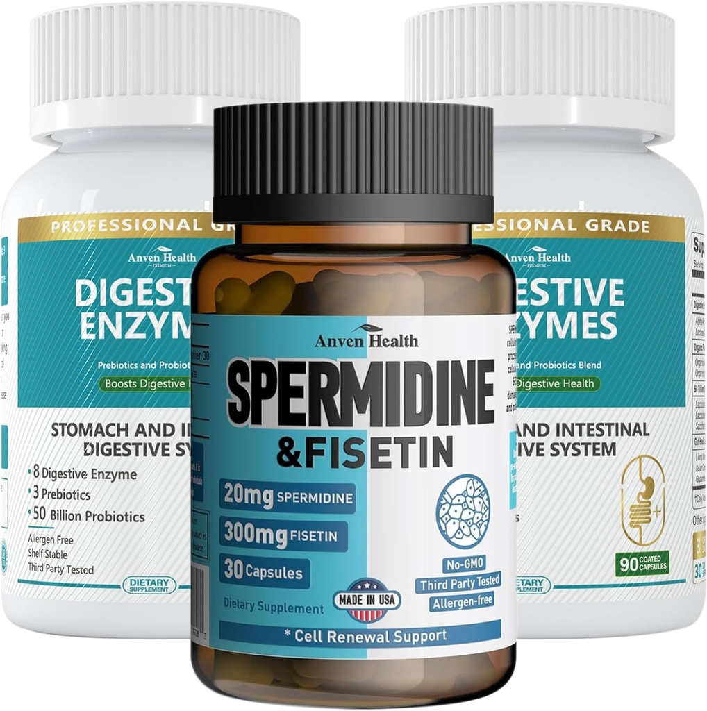 Spermidine & Fisetin Longevity Bundle: 20mg Spermidine + 300mg Fisetin + Digestive Enzymes for Gut Health – Γήρανση Άμυνας, Ανανέωση κυττάρων, & Digestive Relief for Men & Women