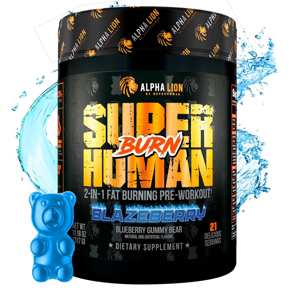 ALPHA LION Superhuman Burn – 2 in 1 Μεταβολισμός Booster Προ προπόνηση και θερμογόνος καύση λίπους για τους άνδρες – Όρεξη Καταπραϋντικό και συμπλήρωμα απώλειας βάρους (21 εξυπηρετούν, Blue Gummy Bear Γεύση)