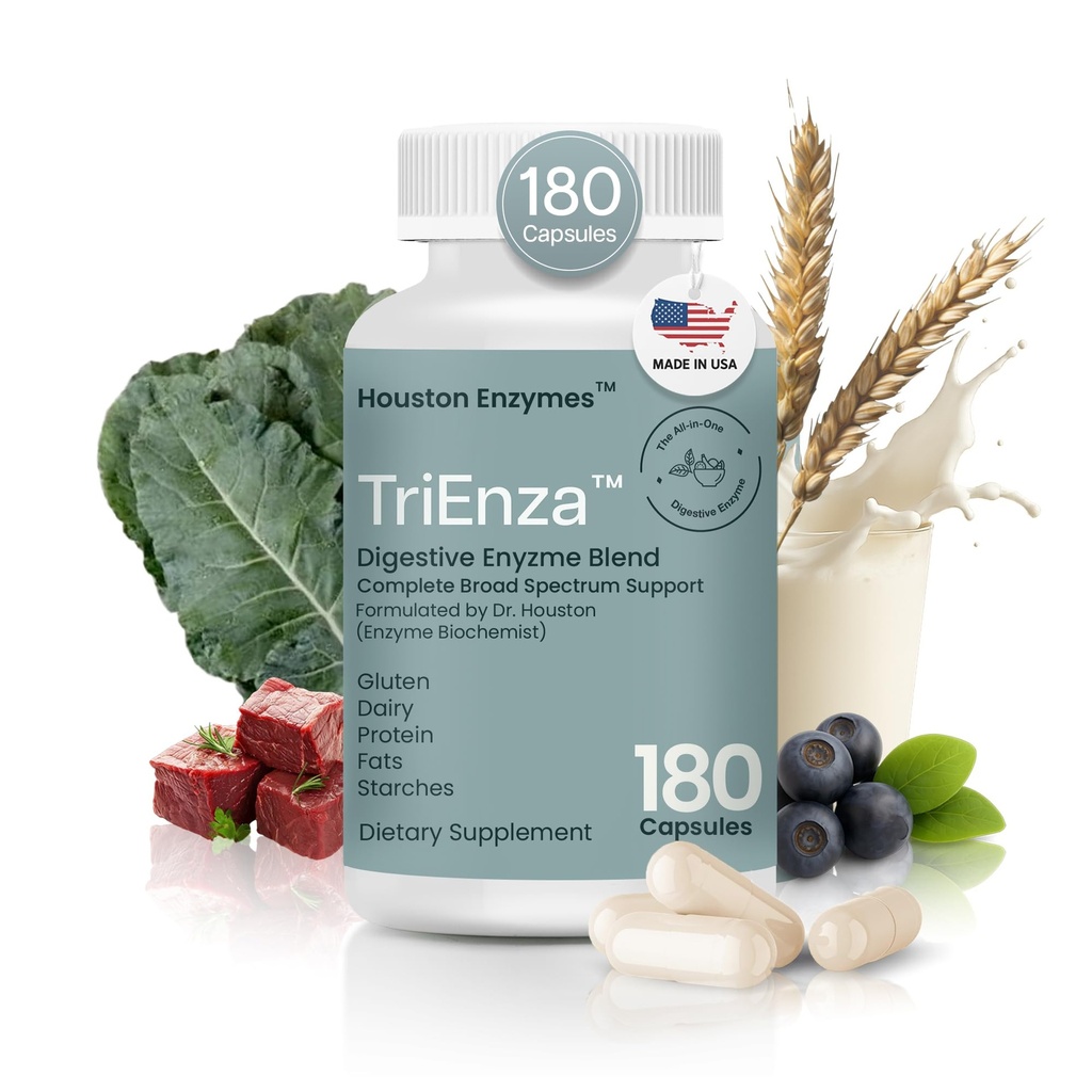 Houston Enzymes TriEnza Digestive Enzymes for Women & Men, Digestive Enzyme Supplements for Proteins, Carbs, Fats & Polyphenos Help Break Down Σίτος, Γαλακτοκομικά, Σόγια, 180 Κάψουλες (90 Δόσεις)