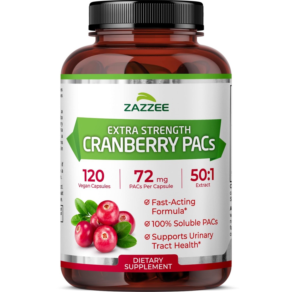 Zazzee Cranberry PACs 72 mg per Capsule, 50:1 Extract, 120 Vegan Capsules, 2X Strength, 4 Month Supply, Fast-Acting, Effective Urinary Tract & Bladder Support, 100% Soluble PACs, Made in the USA
