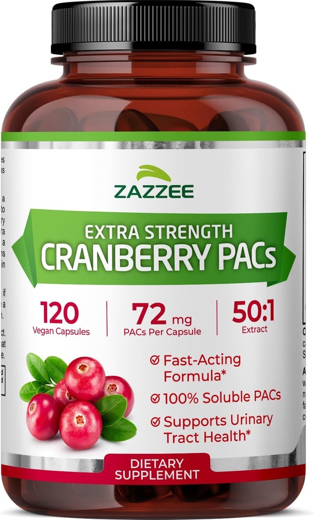 Zazzee Cranberry PACs, 72 mg PACs ανά κάψουλα, 2X Δύναμη, 100% Διαλυτό, 120 κάψουλες Vegan, 50:1 Extract, 18,200 mg Δύναμη, γρήγορη δράση, αποτελεσματική υποστήριξη ούρων, Κατασκευασμένο στις ΗΠΑ