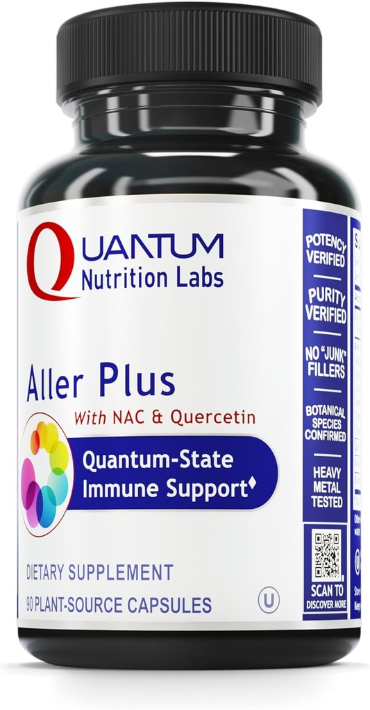 Quantum Nutrition Labs Aller Plus - A Lung Health Supplement with NAC/N-Acetyl Cysteine, Featuring Bromelain, Reishi Mushroom & Quercetin, Immune Support Formula - 90 Vegetarian Caps