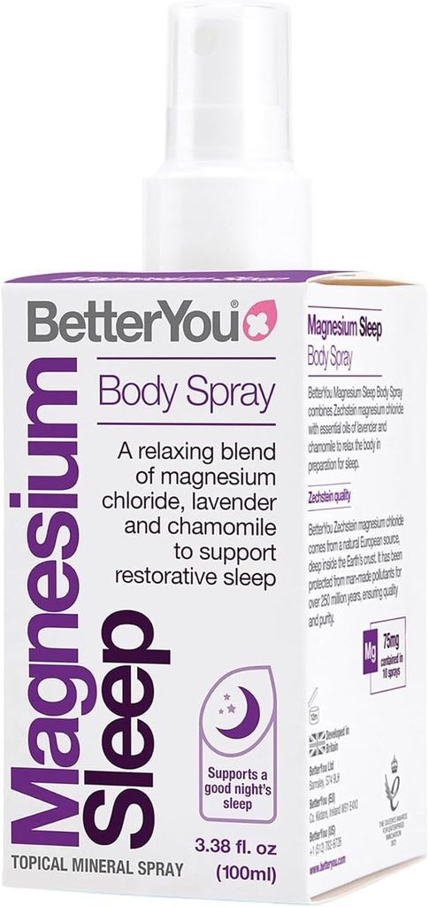 BetterYou Magnesium Sleep Body Spray - Relaxing Topical Magnesium and Essential Oil Spray - Lavender and Chamomile - Promotes Better Sleep - 3.38 oz