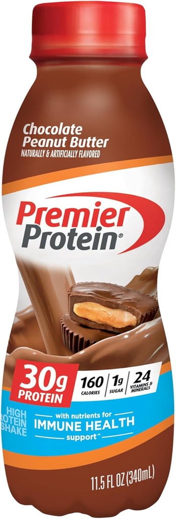 Premier Protein Shake, Σοκολάτα Φυστικοβούτυρο, 30g Πρωτεΐνη, 1g Ζάχαρη, 24 Βιταμίνες & Ορυκτά, θρεπτικά συστατικά για την υποστήριξη της ανοσοποιητικής υγείας, 11,5 Fl Oz