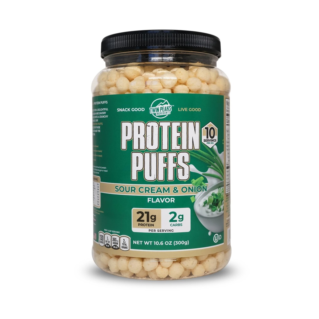 Twin Peaks Protein Puffs - (Κρέμα & Κρεμμύδι), Κετό Φιλικό, Χαμηλό Καρβίδιο Snack (300g, 21g Πρωτεΐνη, 2g Καθαρό Καρβίδια, Υψηλή Πρωτεΐνη, Υγιεινό Σνακ)