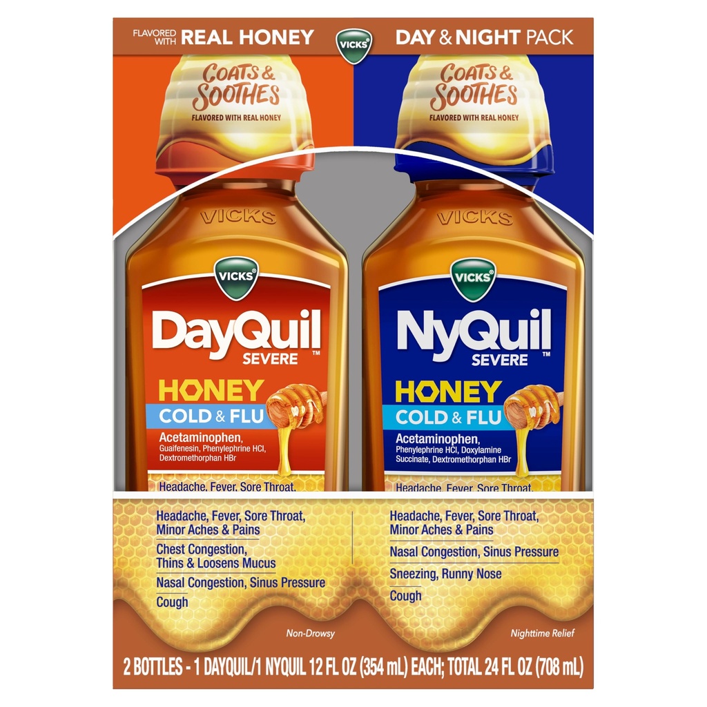 Vicks DayQuil and NyQuil Severe Cold & Flu, Honey, Liquid Over-the-Counter Medicine, 2x12 Oz