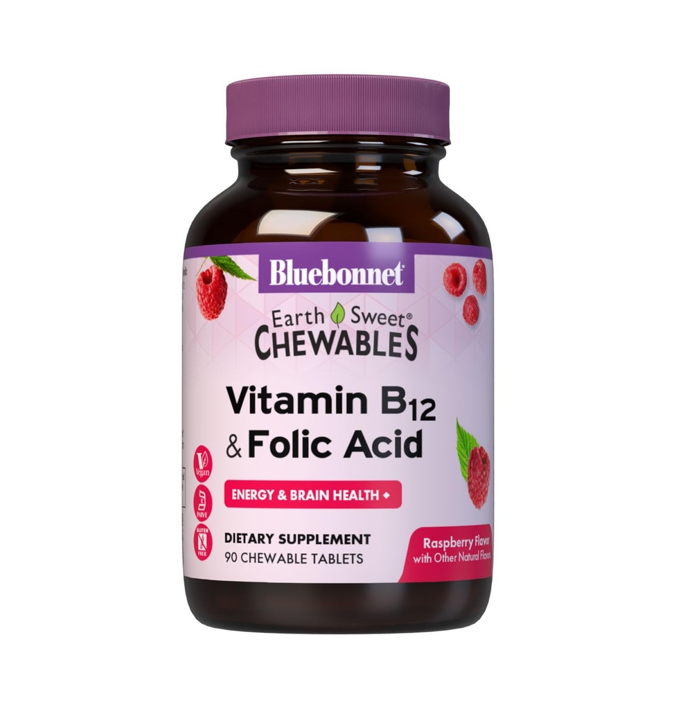 BlueBonnet Nutrition Earth Sweet Vitamin B12 & Folic Acid Chewable Tables, Χωρίς σόγια, Χωρίς γλουτένη, Raspberry 90 Count (Pack of 1)