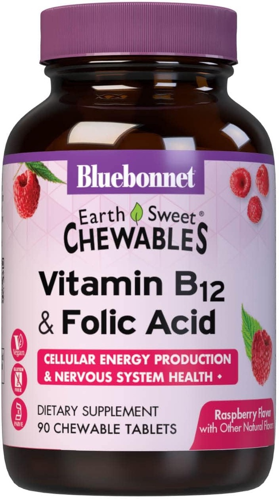 BlueBonnet Nutrition Earth Sweet Vitamin B12 & Folic Acid Chewable Tables, Χωρίς σόγια, Χωρίς γλουτένη, Raspberry 90 Count (Pack of 1)