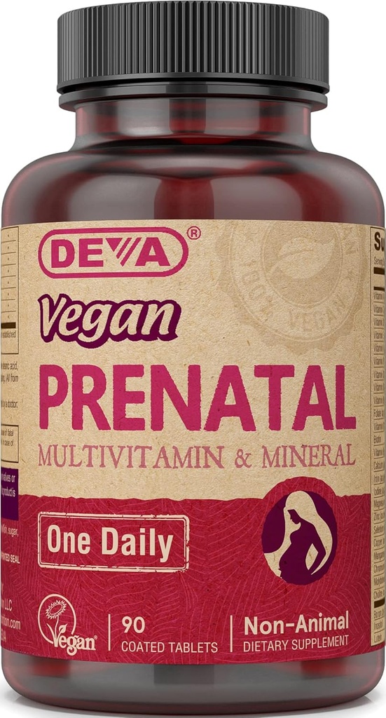 DEVA Vegan Prenatal Multivitamin and Mineral Supplement - Once- Per-Day Formula - Βιταμίνες A, C, D, E, K, B Complex, με Folate & Chelated Iron - 90 Επικαλυμμένα δισκία, 1- Pack