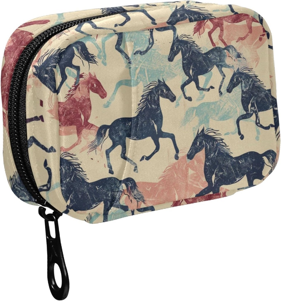 Fustylead Retro Colorful Running Horse Silhouette Pill Organizer for Purse, Weekly Portable Pill Box with Zipper to Storage Vitamins Fish Oils Συμπληρώματα Φάρμακα