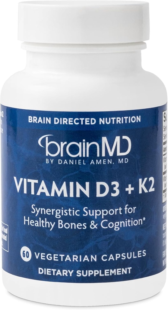 BRAINMD Βιταμίνη D3 + K2-60 Κάψουλες - Συνεργική υποστήριξη για υγιή οστά & Γνωστικότητα - Χωρίς γλουτένη - 60 εξυπηρετήσεις