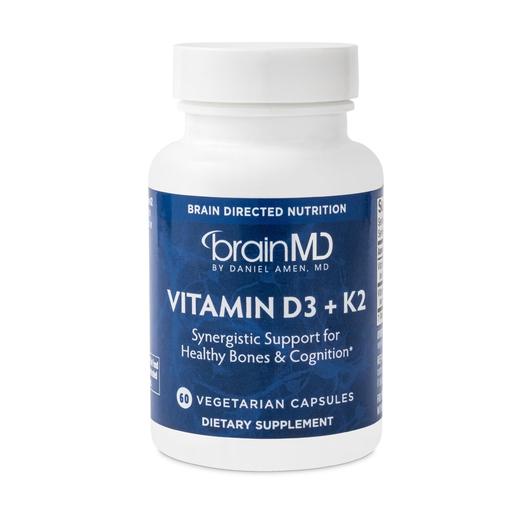 BRAINMD Βιταμίνη D3 + K2-60 Κάψουλες - Συνεργική υποστήριξη για υγιή οστά & Γνωστικότητα - Χωρίς γλουτένη - 60 εξυπηρετήσεις