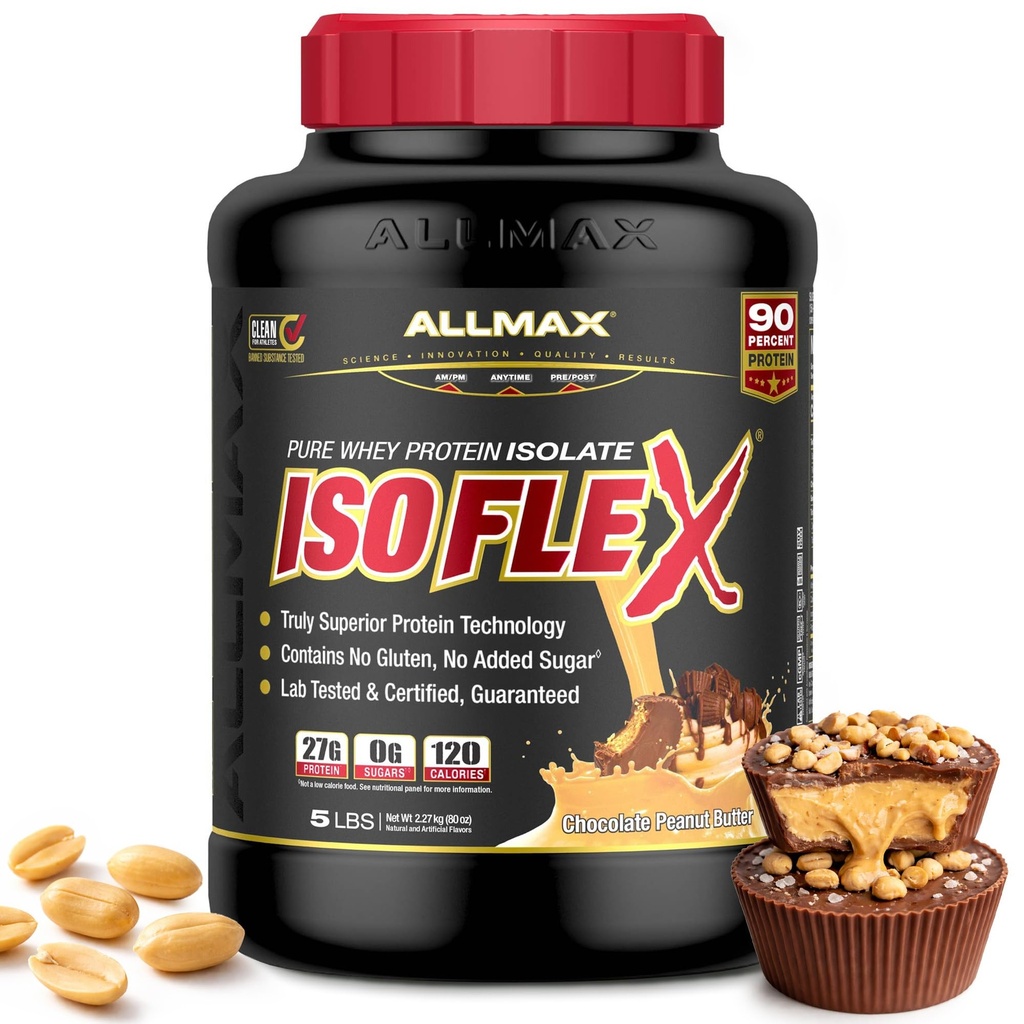 Διατροφή ALLMAX - ISOFLEX Whey Protein Powder, Whey Protein Isolate, 27g Protein, Σοκολάτα Φυστικοβούτυρο, 5 Λίρες