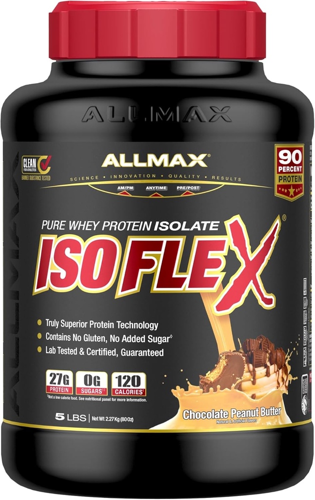 Διατροφή ALLMAX - ISOFLEX Whey Protein Powder, Whey Protein Isolate, 27g Protein, Σοκολάτα Φυστικοβούτυρο, 5 Λίρες