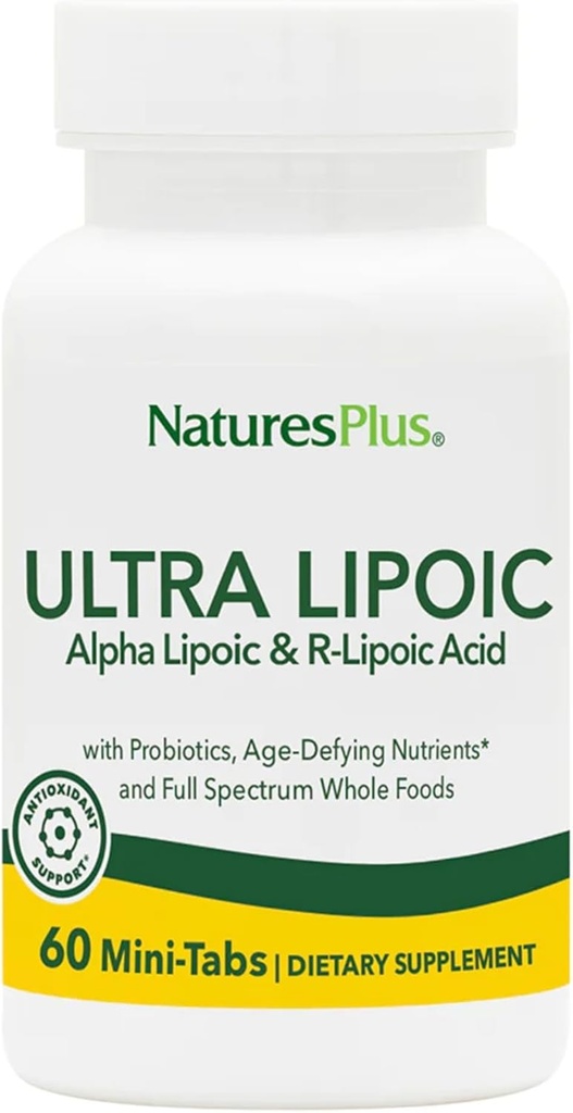 Natures Plus Ultra Lipoic - 60 Bi-Layered Mini-Tabs - Υποστηρίζει την ελεύθερη Ριζοσπαστική Άμυνα με τα προβιοτικά, θρεπτικά συστατικά & ολόκληρα συμπυκνώματα τροφίμων - Χωρίς γλουτένη - 30 Σερβιέτες