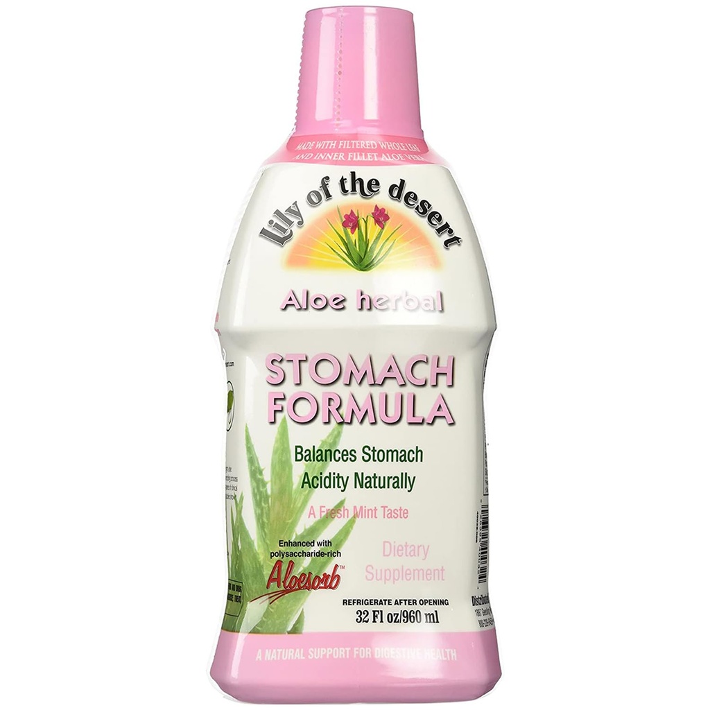 Lily Of The Desert Stomach Formula, Organic Aloe Vera Juice with Slippery Elm, χαμομήλι, μέντας, και Ginger για την υγεία των ούλων, Relux οξύ, Heartburn Relief, 32 Oz