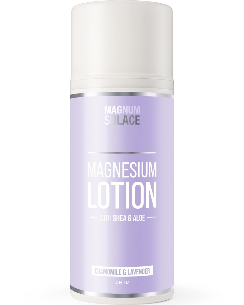 Magnum Solace Magnesium Lotion – Σούπερ συμπυκνωμένο – Κατασκευάζεται με αλόη και Shea – Για τα πόδια Cramps, πονεμένοι μύες & αρθρώσεις, Αναζωογόνηση – Ασφαλής για τα παιδιά, Κατασκευάζεται στις ΗΠΑ (Χαμομήλι & Λεβάντα)