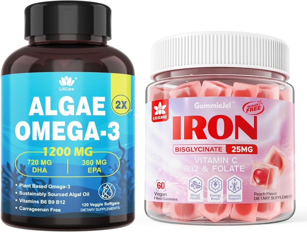 Vegan Iron Gummies & Plant-Based Algae Omega 3 1200mg Supplement