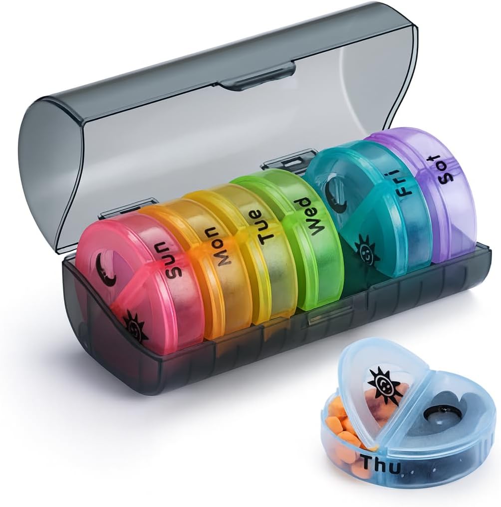 VIGOR PATH 7-Day Pill Organizer with Two Compartments Per Day, Ideal for Pills/Vitamins/Fish Oil/Supplements Storage, BPA-Free and Easy to Clean (Black - Colorful)