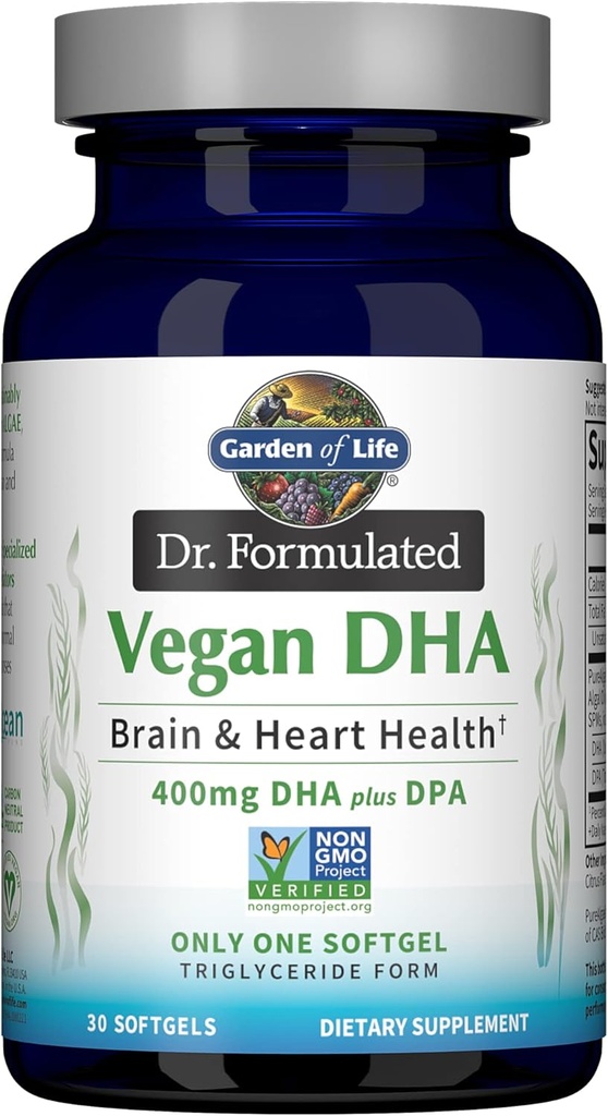 Garden of Life Ωμέγα 3 Vegan DHA Συμπληρώματα Dr. Formulated Vegan DHA, 400mg DHA & 90mg DPA σε μορφή τριγλυκεριδίων από μια ενιαία πηγή, Ωμέγα 3 συμπλήρωμα για την υγεία των γυναικών και των ανδρών, 30 Softgels