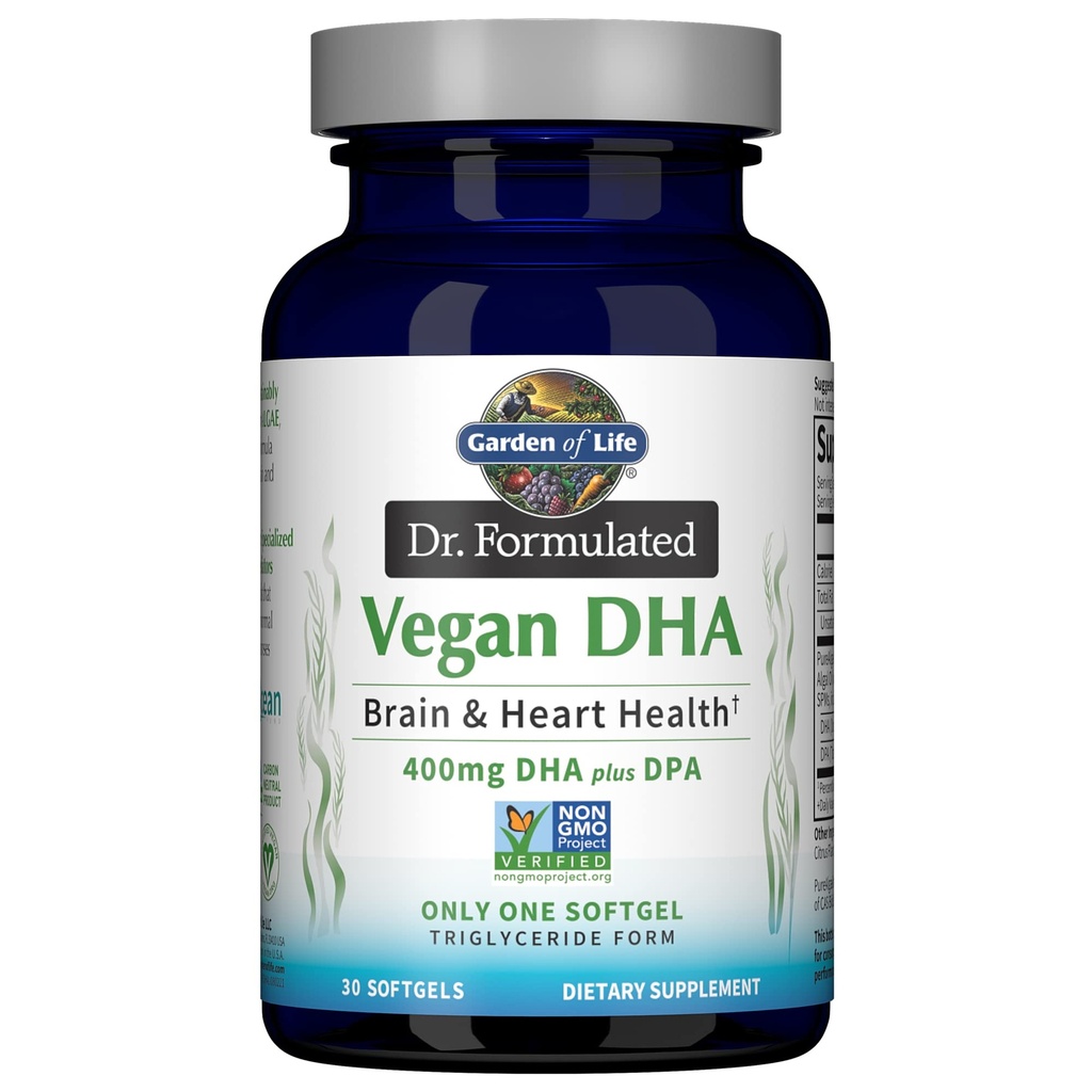 Garden of Life Ωμέγα 3 Vegan DHA Συμπληρώματα Dr. Formulated Vegan DHA, 400mg DHA & 90mg DPA σε μορφή τριγλυκεριδίων από μια ενιαία πηγή, Ωμέγα 3 συμπλήρωμα για την υγεία των γυναικών και των ανδρών, 30 Softgels