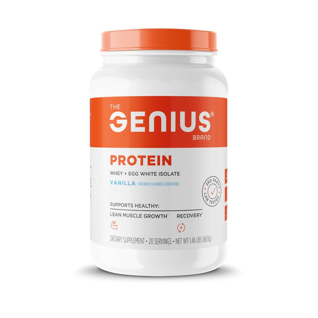 Genius Protein Powder, Vanilla - Διπλή ανάμειξη πρωτεϊνών με βελτιωμένη απομόνωση ορού γάλακτος & φυσικό λευκό αυγό για Lean Μυϊκό Κτίριο για άνδρες & γυναίκες - Grass-Fed Pre & Post Αντικατάσταση γεύματος Shake