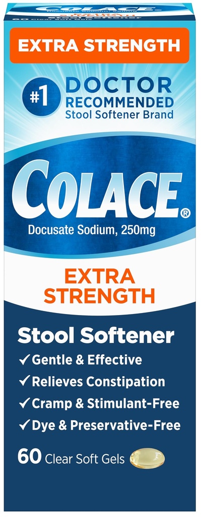 Colace Extra Strength Stool Αποσκληρυντής Απαλής Αποτελεσματικής Δυσκοιλιότητας, #1 Doctor Recommended Stool Αποσκληρυντής Brand, 250 mg Docusate Κάψουλες, 60 Count (Pack of 1)