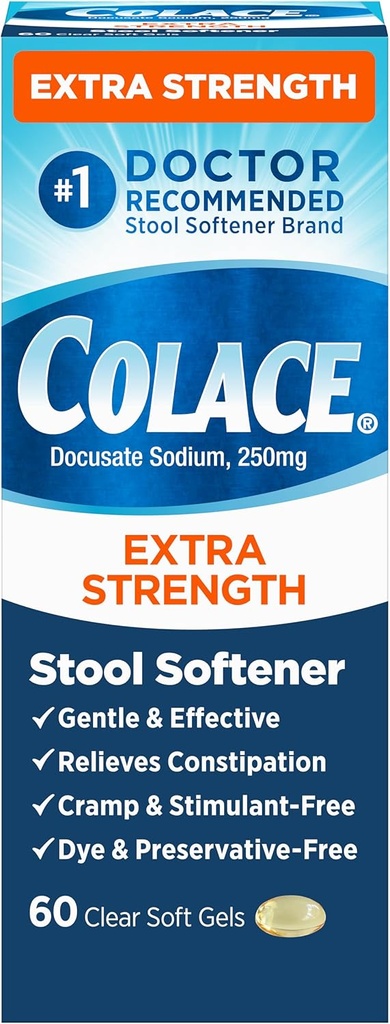 Colace Extra Strength Stool Softener for Gentle Effective Constipation Relief, #1 Doctor Recommended Stool Softener Brand, 250 mg Docusate Capsules, 60 Count (Pack of 1)