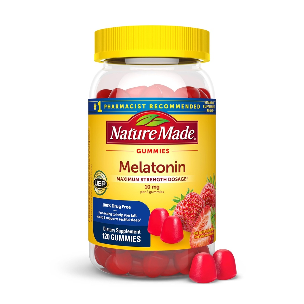 Nature Made Melatonin 10 mg ανά μερίδα Gummies, Sleep Gummies για ενήλικες Μέγιστη Δοσολογία Δύναμης, 100% Drug Free Sleep Aid, 120 Count, 60 Day Supply