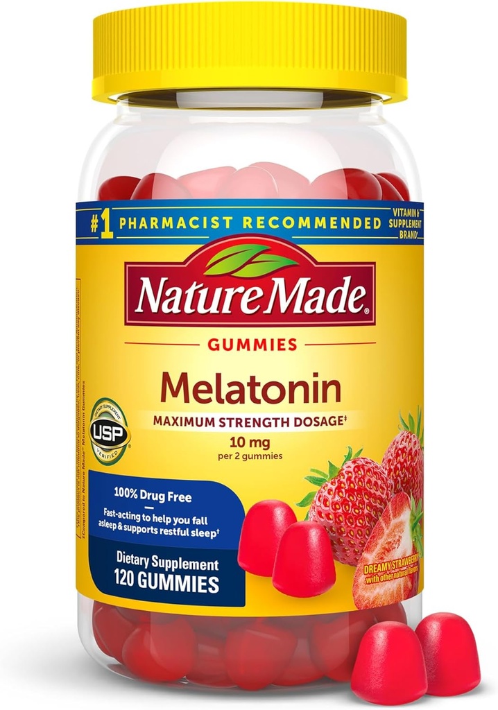 Nature Made Melatonin 10 mg ανά μερίδα Gummies, Sleep Gummies για ενήλικες Μέγιστη Δοσολογία Δύναμης, 100% Drug Free Sleep Aid, 120 Count, 60 Day Supply