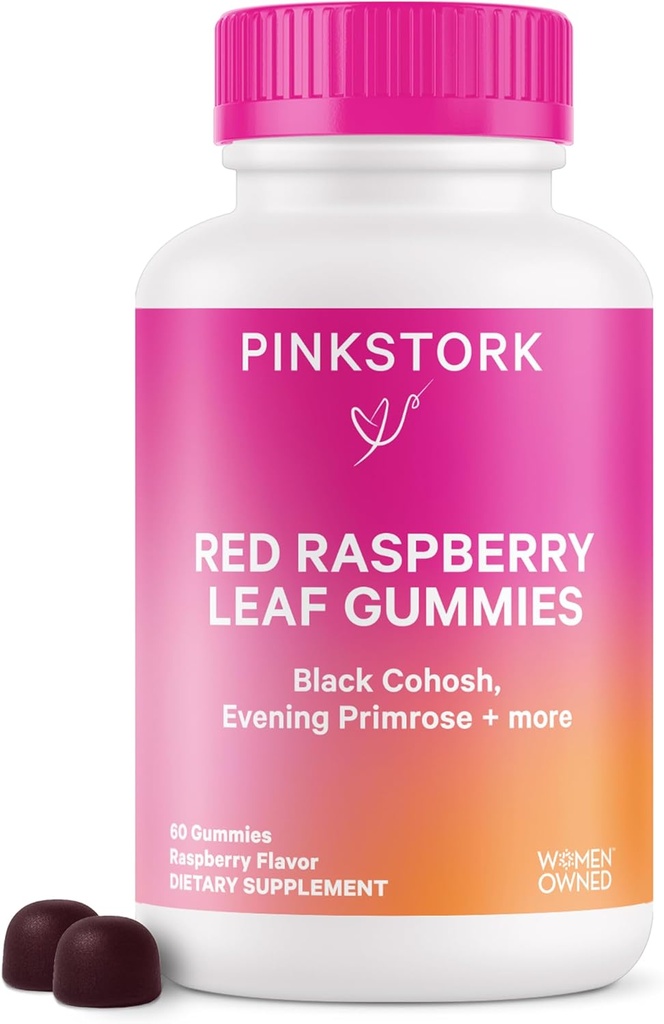 Pink Stork Red Raspberry Leaf Gummies - Third Trimester Labor Prep + Postpartum Mood Essentials with Evening Primrose Oil + Black Cohosh - 60 Vegan Gummy Συμπληρώματα, Μη ΓΤΟ