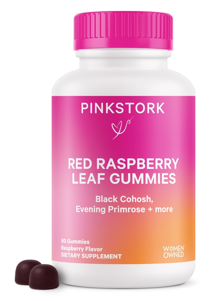 Pink Stork Red Raspberry Leaf Gummies - Third Trimester Labor Prep + Postpartum Mood Essentials with Evening Primrose Oil + Black Cohosh - 60 Vegan Gummy Supplements, Non-GMO
