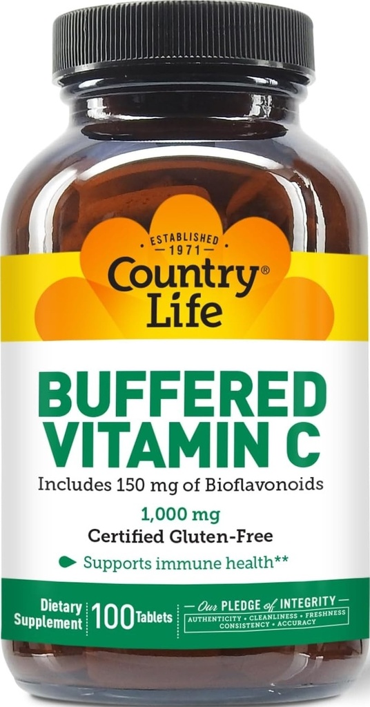 Country Life Buffered Vitamin C 1000mg με Βιοφλαβονοειδή, Ασβέστιο, Μαγνήσιο, Κάλιο - Ανοσοποιητική Υποστήριξη, Κάψουλες Vegan, Χωρίς Γλουτένη, Απαλό στο στομάχι - 100 δισκία