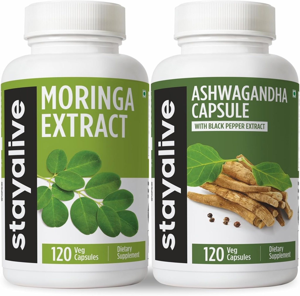 STAY ALIVE Moringa and Ashwagandha Bundle w/Black Pepper Extract, 240 Vegan Pills, Non-GMO & Gluten Free Ashwagandha Moringa Supplement 2 Pack
