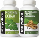 STAY ALIVE Moringa και Ashwagandha Bundle w/Black Pepper Extract, 240 Vegan Pills, Non-GMO & Gluten Free Ashwagandha Moringa συμπλήρωμα 2 συσκευασίας