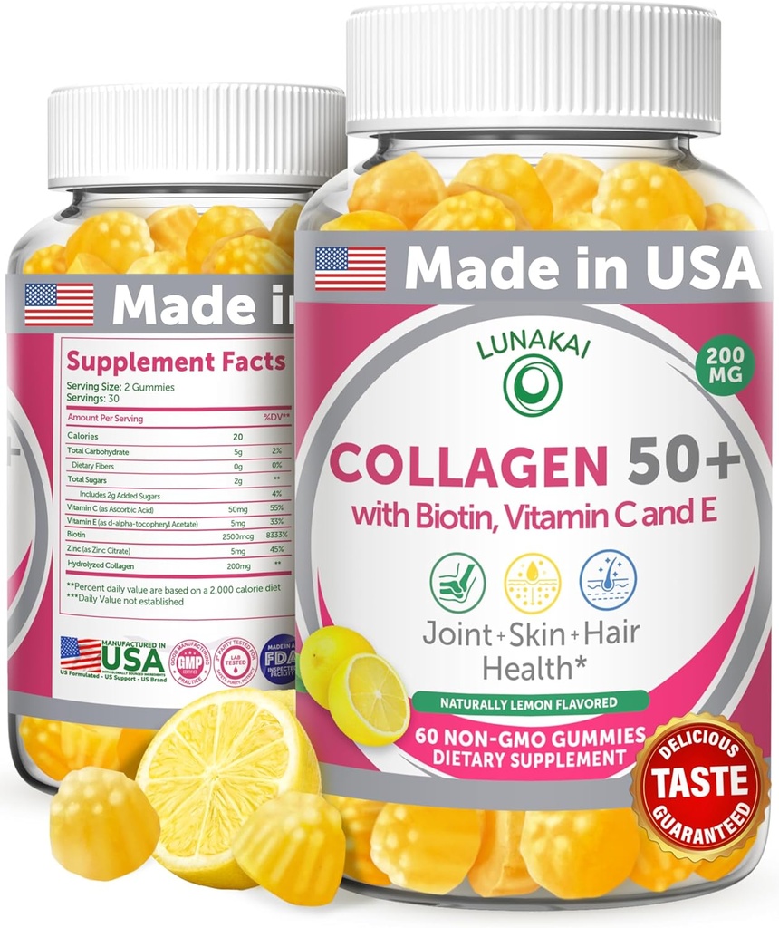 Lunakai USA Made Collagen Gummies for Women & Men Πάνω από 50, Βιοτίνη & Βιταμίνη C, Υποστηρίζει την ελαστικότητα του δέρματος, Hair & Nail Strength, Κοινή Υποστήριξη, 60ct