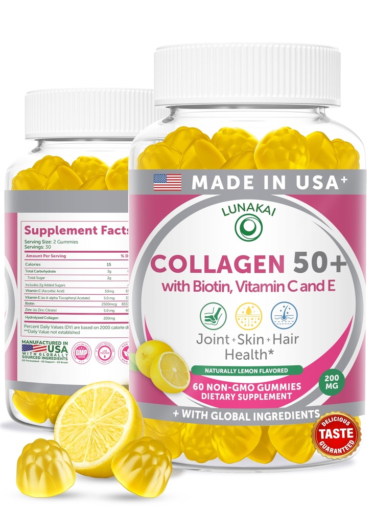 Lunakai USA Made Collagen Gummies for Women & Men Πάνω από 50, Βιοτίνη & Βιταμίνη C, Υποστηρίζει την ελαστικότητα του δέρματος, Hair & Nail Strength, Κοινή Υποστήριξη, 60ct
