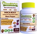 Peruvian Maca Root Capsules 150 ct. Powerful Maca Blend of Yellow Red & Black Maca Root with Black Pepper. All Natural NonGMO Vegan No Stearate No Rice Powder No Silica No Filler