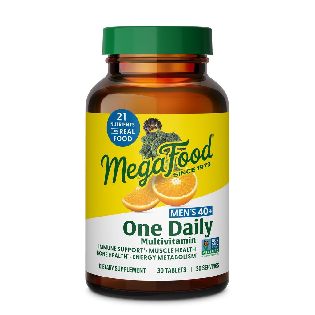 MegaFood Men's 40+ One Daily Multivitamin for Men with Vitamin B, Vitamin D3, Selenium, Zinc & Real Food - Immune Support, Energy Μεταβολισμός, και Μύες & Υγεία των οστών – Μη ΓΤΟ; Χορτοφαγικά - 30 Tabs