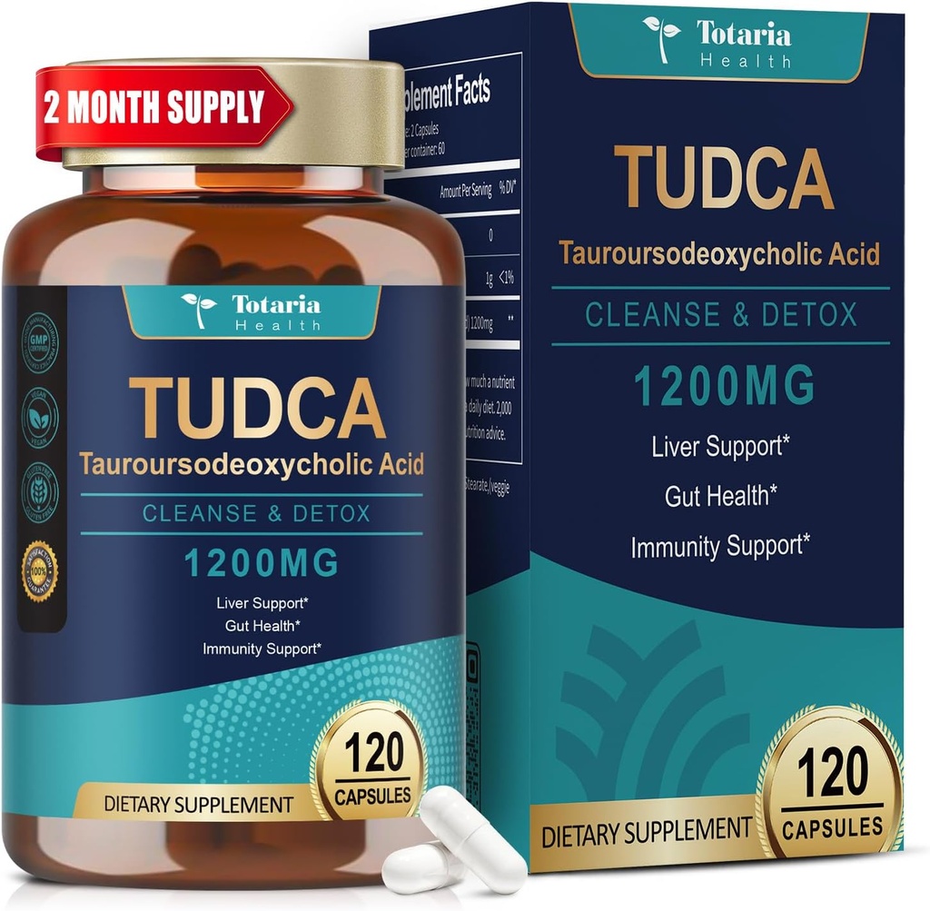 Totaria TUDCA Supplement 1200mg (Tauroursodeoxycholic Acid), 120 Capsules, Ultra Strength TUDCA Bile Salts Liver Supplements, Pure Tudca for Liver and Gallbladder Repair, Gut Health