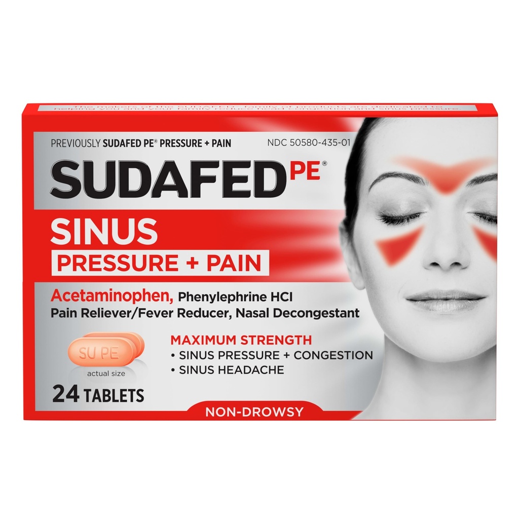 Sudafed PE Sinus Pressure + δισκία ανακούφισης του πόνου, μέγιστη δύναμη, μη- υπνηλία, εξωχρηματιστηριακά θεραπεία ανακούφισης του κόλπου με πόνο Reliever Acetamophen & φαινυλεφρίνη HCl Nasινικό αποσυμφορητικό, 24 ct