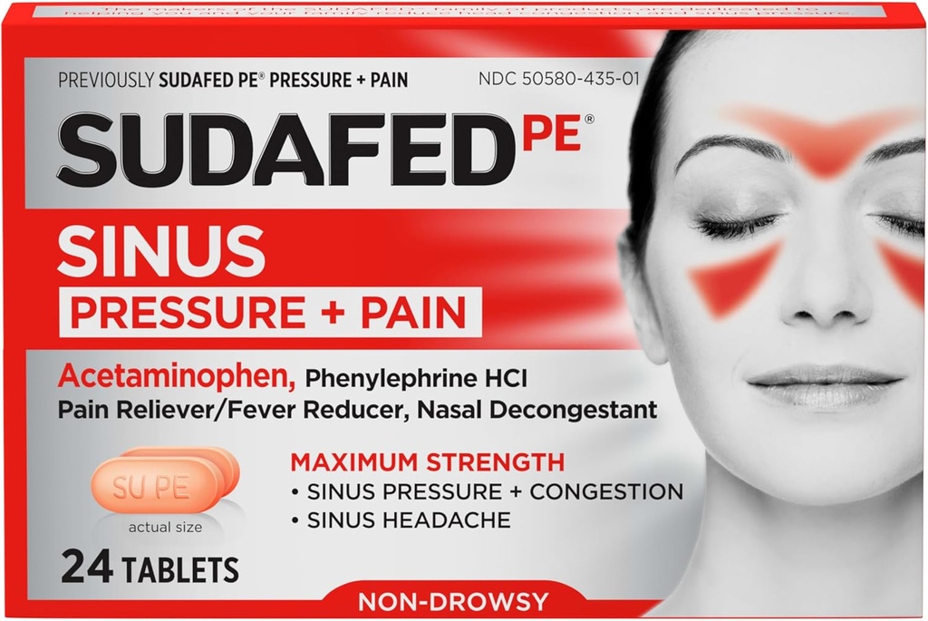 Sudafed PE Sinus Pressure + Pain Relief Tablets, Maximum Strength, Non-Drowsy, OTC Sinus Relief Medicine with Acetaminophen Pain Reliever & Phenylephrine HCl Nasal Decongestant, 24 ct