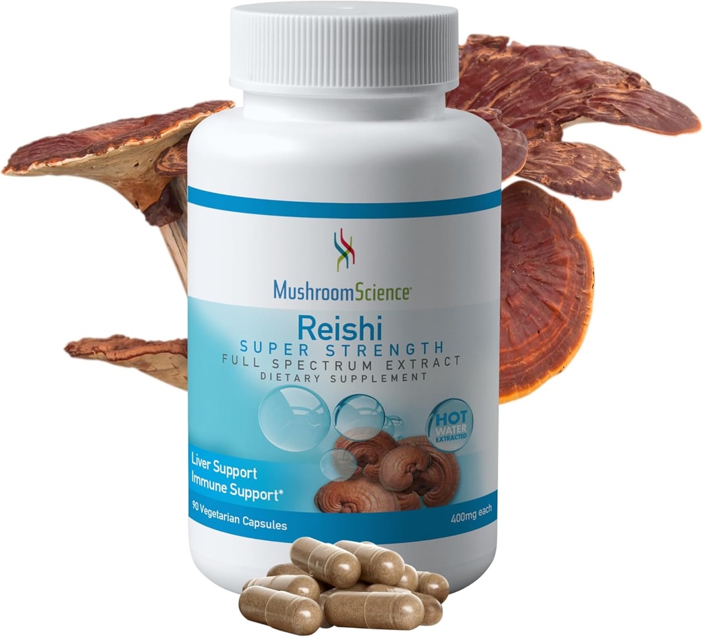 MushroomScience Reishi Mushroom Κάψουλες, Super Strength Full Spectrum Extract, Φυσικό συμπλήρωμα μανιταριών για ενήλικες, ζεστό νερό εκχυλιζόμενα μανιτάρια, υποστήριξη υγείας, χορτοφάγους, 400MG, 90 CT