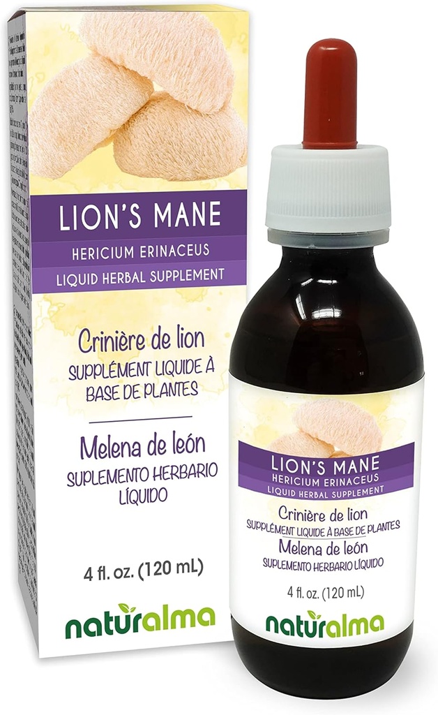 Naturalma Lion's Mane (Hericium erinaceus) Fungus or Mushroom Alcohol-Free Tincture - 4 fl oz Liquid Extract in Drops - Herbal Supplement - Vegan