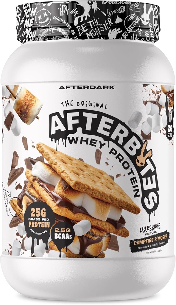 AFTERDARK AfterBites Whey Protein Powder, 25g Protein, 4.5g BCAA’s, Easy Dissolving, No Artificial Colors or Fillers, Isolate Protein, USA Made, 26 Servings, Campfire Smores